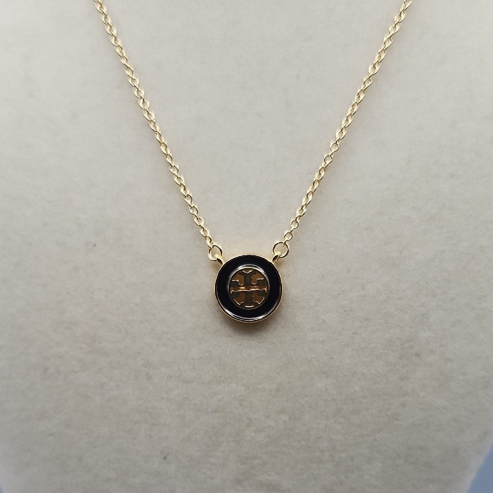 Tory Burch Black and Gold Emblem Necklace